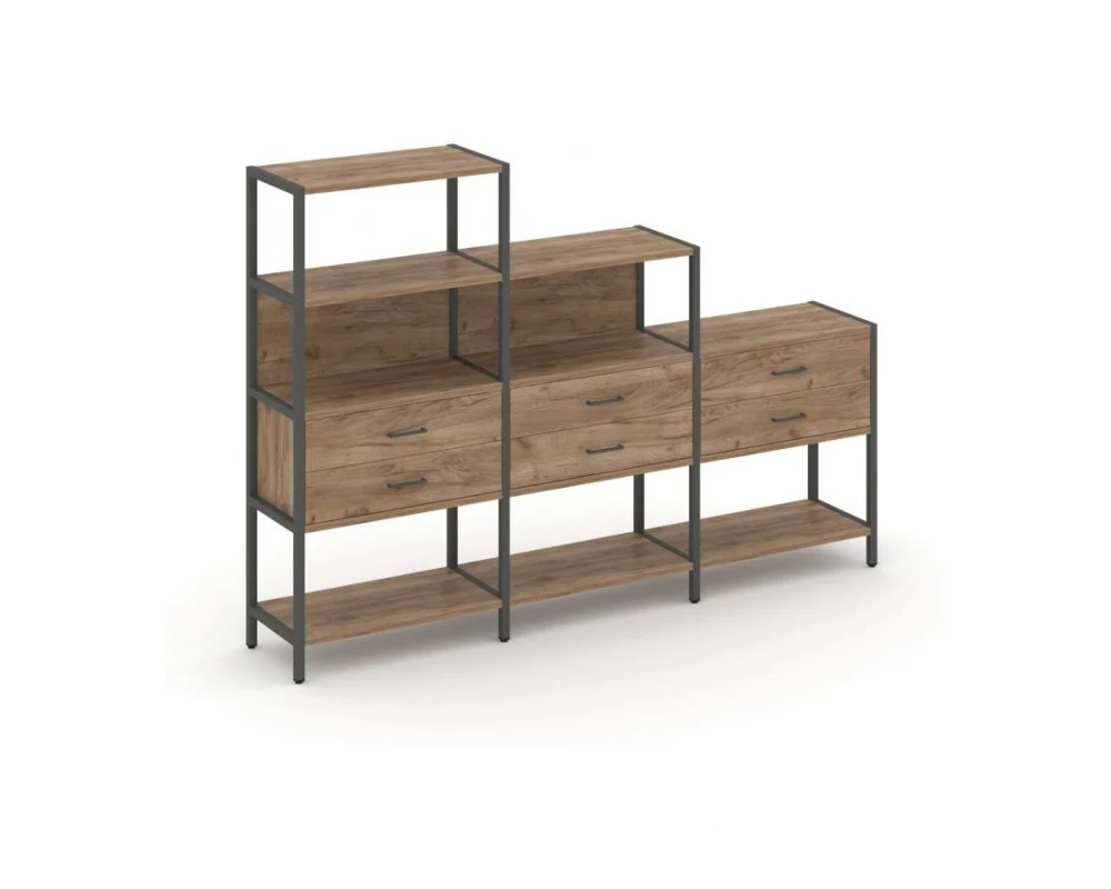 Трехсекционный стеллаж четырех/трех/двухярусный с ящиками 2730х400х1613 Shelf System