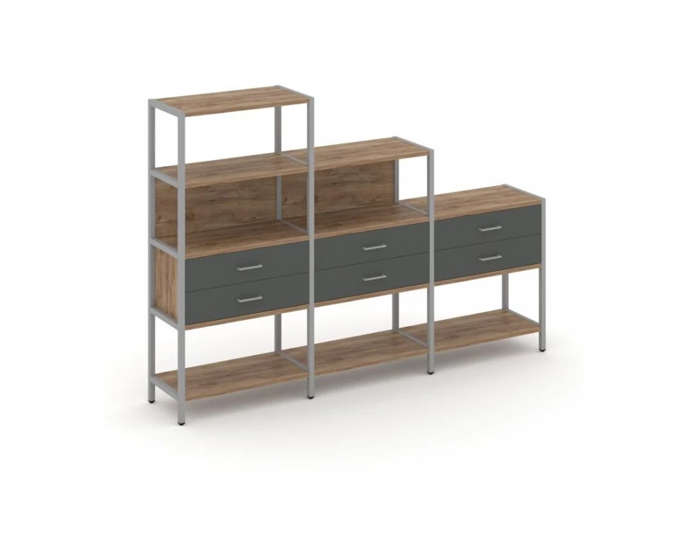 Трехсекционный стеллаж четырех/трех/двухярусный с ящиками 2730х400х1613 Shelf System