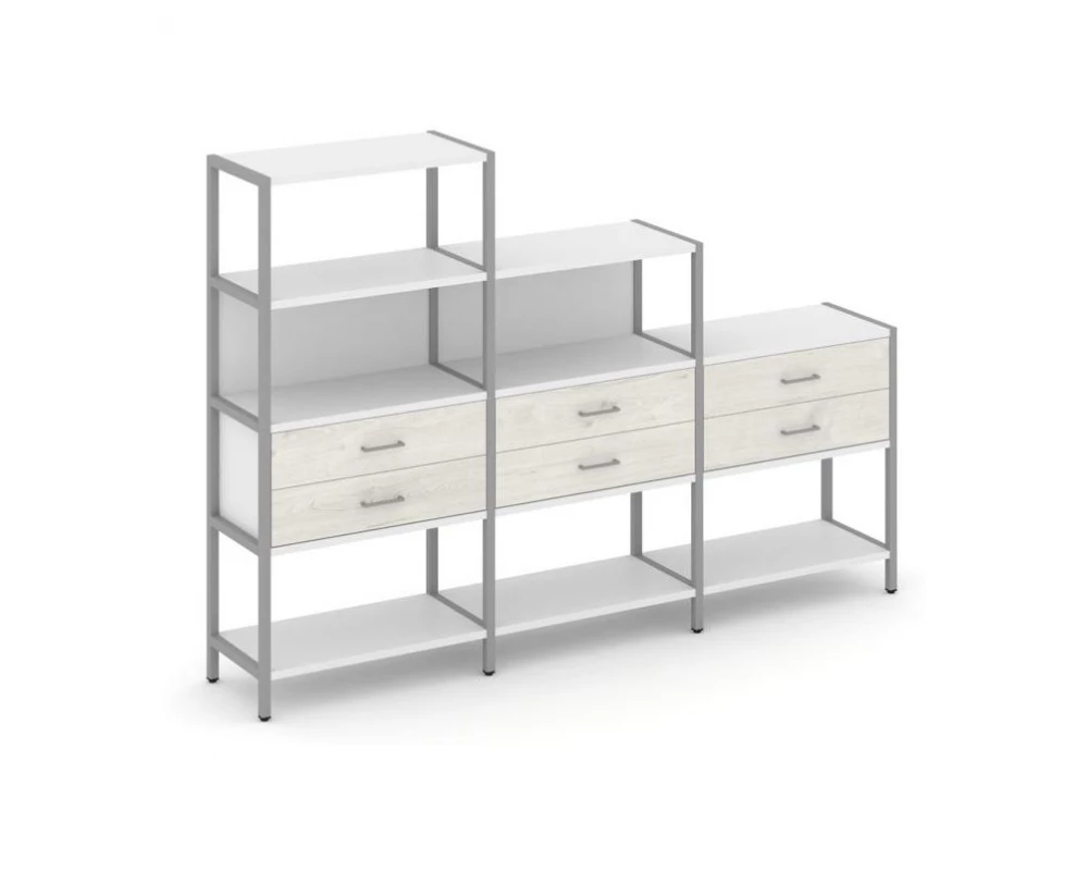 Трехсекционный стеллаж четырех/трех/двухярусный с ящиками 2730х400х1613 Shelf System