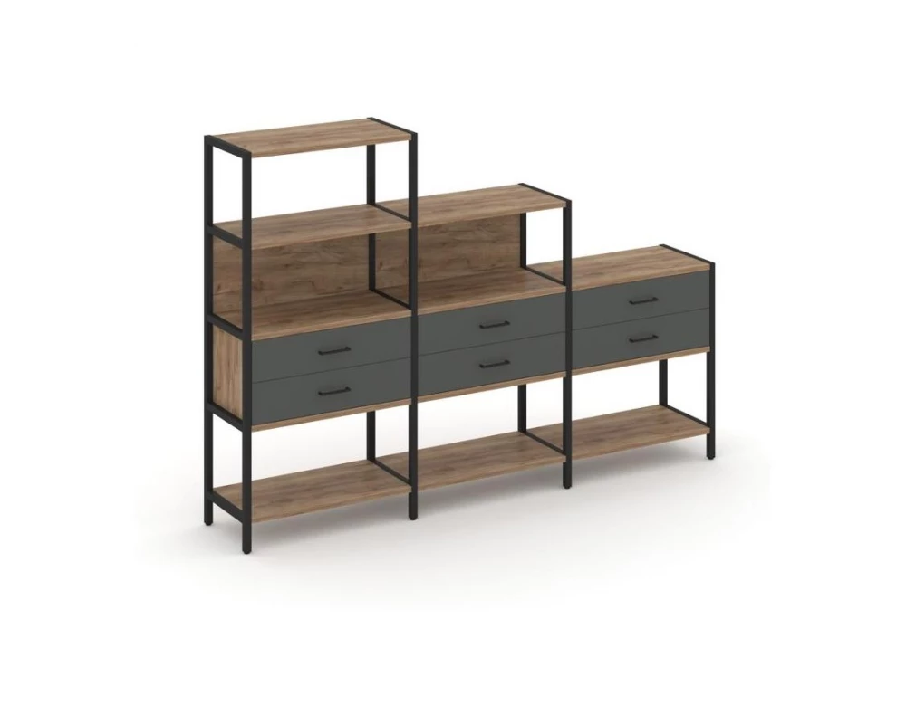 Трехсекционный стеллаж четырех/трех/двухярусный с ящиками 2730х400х1613 Shelf System