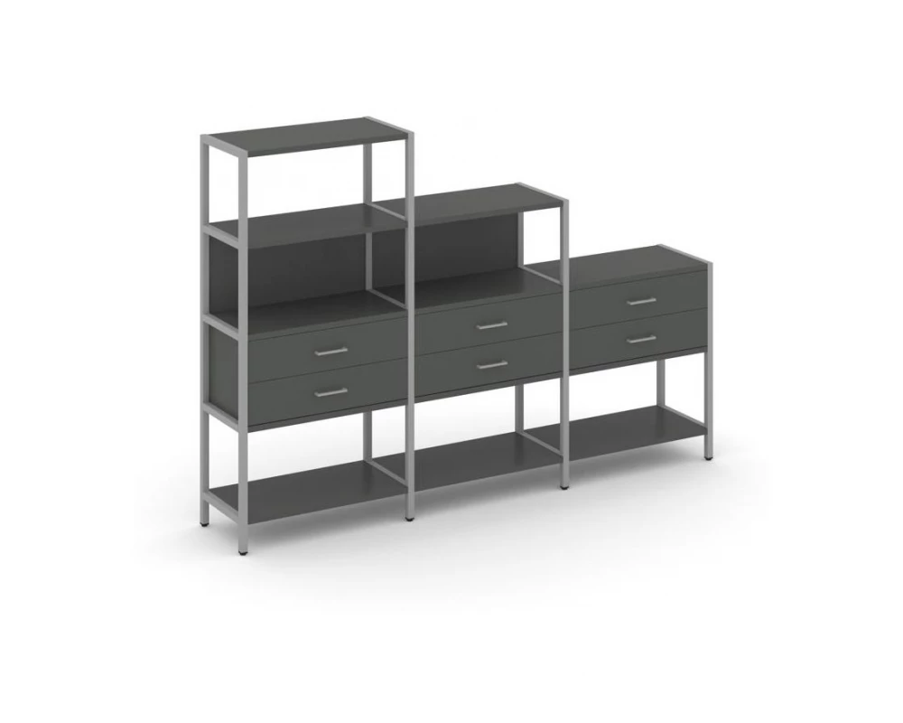 Трехсекционный стеллаж четырех/трех/двухярусный с ящиками 2730х400х1613 Shelf System