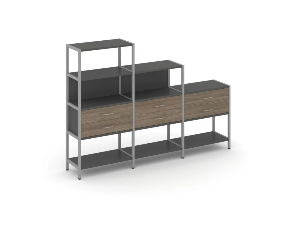 Трехсекционный стеллаж четырех/трех/двухярусный с ящиками 2730х400х1613 Shelf System