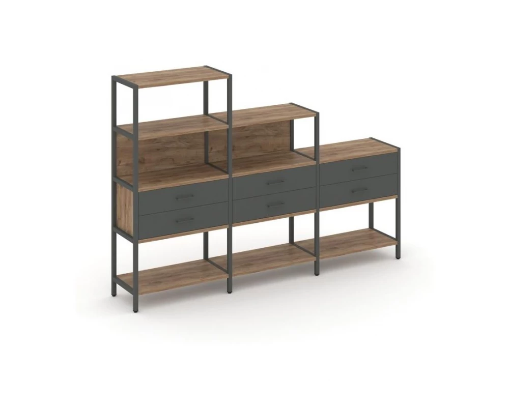 Трехсекционный стеллаж четырех/трех/двухярусный с ящиками 2730х400х1613 Shelf System