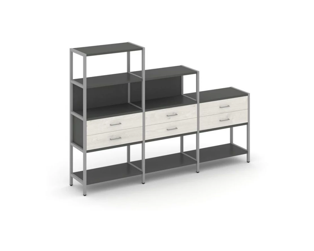 Трехсекционный стеллаж четырех/трех/двухярусный с ящиками 2730х400х1613 Shelf System