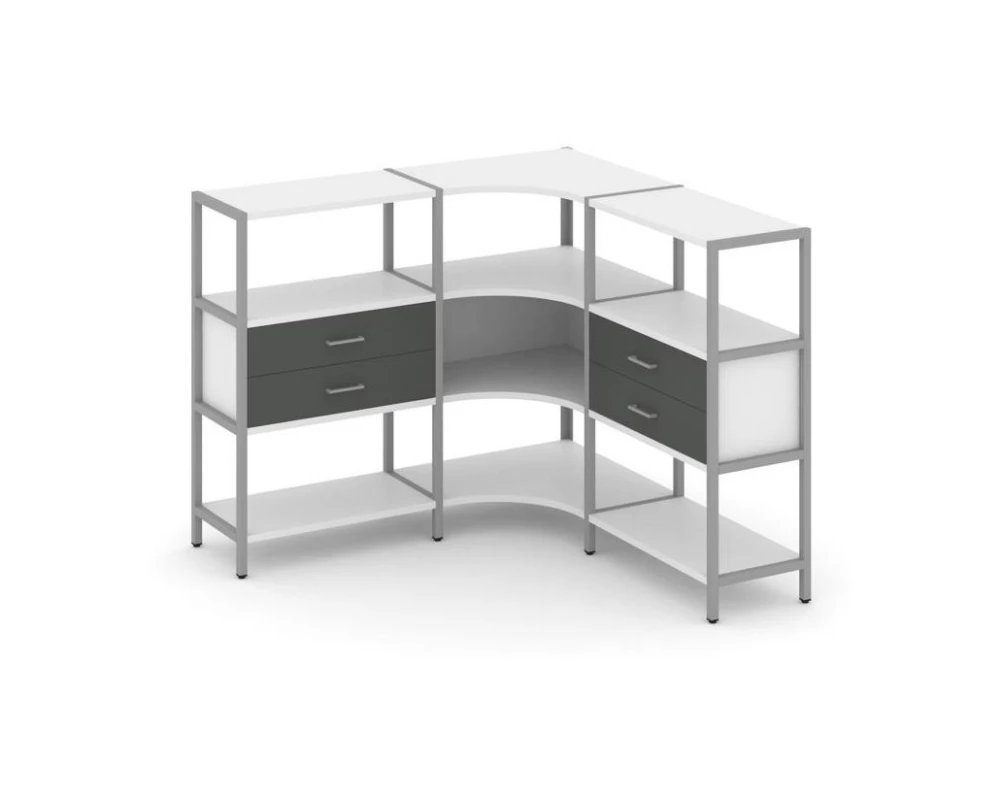 Трехсекционный угловой стеллаж трехярусный с ящиками 1590х1590х1246 Shelf System