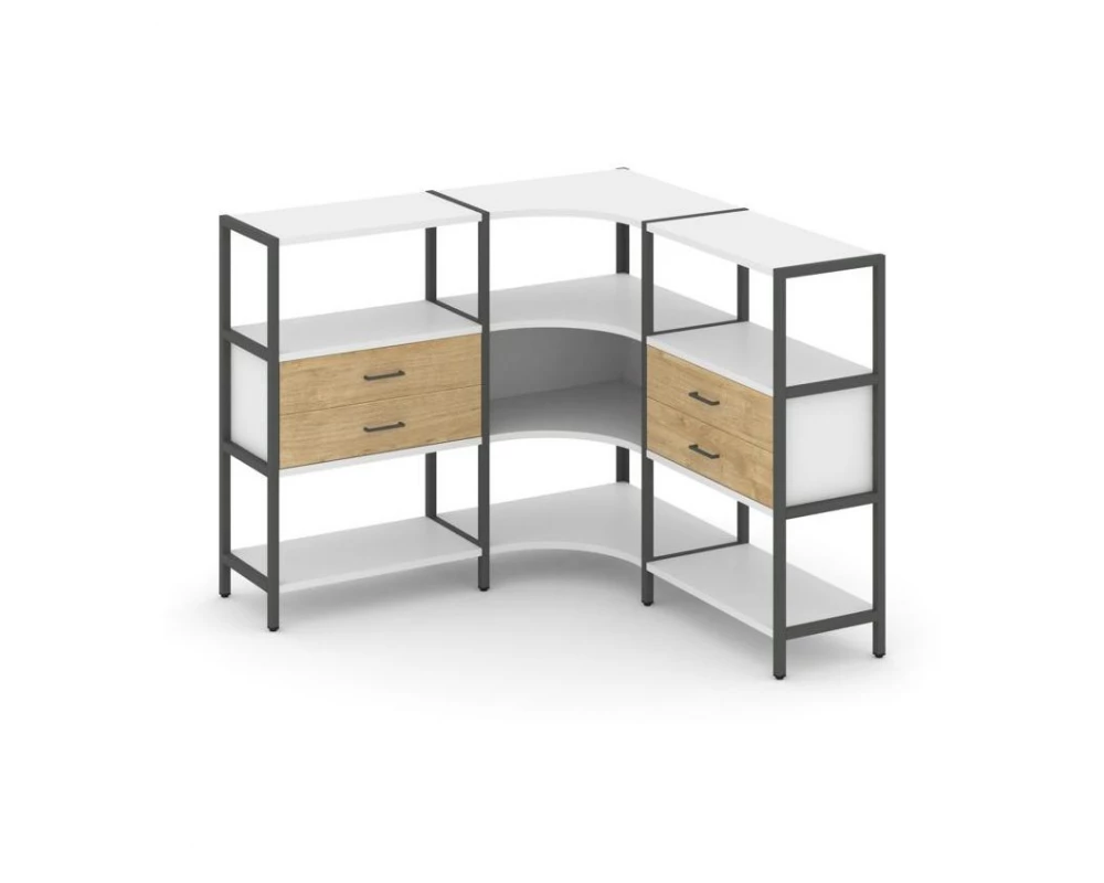 Трехсекционный угловой стеллаж трехярусный с ящиками 1590х1590х1246 Shelf System