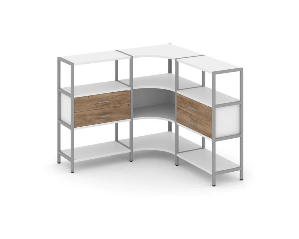 Трехсекционный угловой стеллаж трехярусный с ящиками 1590х1590х1246 Shelf System